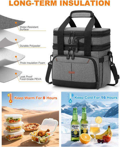 Pritent Lunch Box For Men Women Double Deck Insulated Lunch Bag For Men Woman Leakproof Expandable Cooler Bag with Adjustable Shoulder Strap for Kids Shool Work Picnic Camping(Beige,Large)
