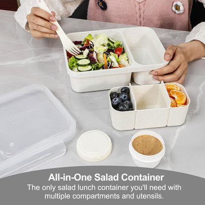 Caperci 2 Pack Salad Container for Lunch - 62 oz Large Bento Lunch Box for Adults, 2-Compartment Meal Prep Container with Removable Toppings Tray, Sauce Cup, Reusable Fork, BPA-Free (Purple & Green)