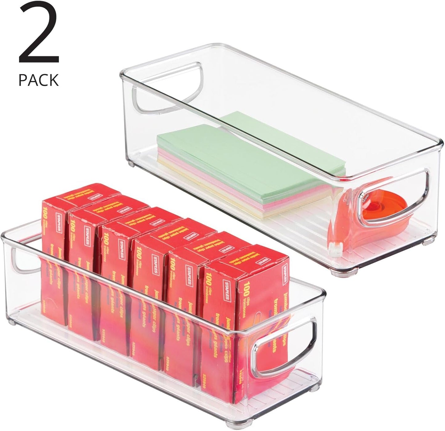 mDesign Deep Plastic Storage Organizer Container Bin, Office Organization for Filing Cabinet, Cupboard, Shelves, and Desk - Holds Notepads, Pens, Pencils, Highlighters, and Staplers - 2 Pack - Clear