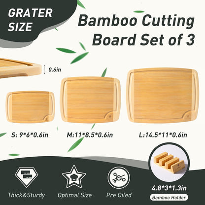3 Packs Bamboo Cutting Board Set with Non Slip Feet Holder and Over Sink Nice Solid Thick Wood Juice Groove Chopping Board Extra Large Big Small Best Hardwood Kitchen Organic Vegetable Meat BBQ Kit