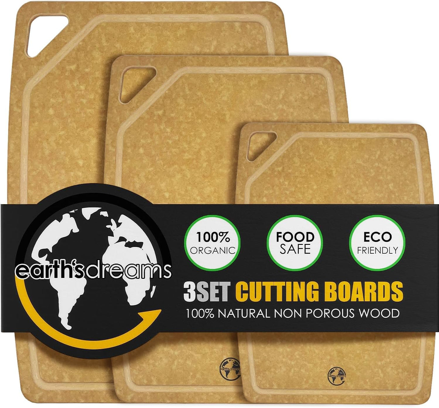 Earth's Dreams Composite Wood Cutting Board Set of 3 – Built In Juice Groove, Dishwasher Safe,Cutting Boards for Kitchen – Large, Medium & Small Non-Slip Wood Charcuterie & Chopping Boards (Tan/Black)