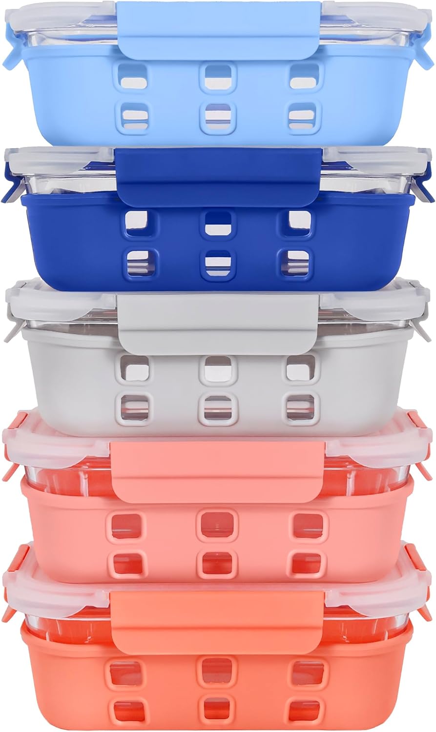 ECOBERI Glass Meal Prep Containers with Silicone Sleeves, 3 Piece 4.5 Cup Set, Borosilicate Glass Food Storage with Leak-Resistant Lids, Oven, Microwave, Freezer and Dishwasher Safe