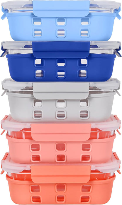 ECOBERI Glass Meal Prep Containers with Silicone Sleeves, 3 Piece 4.5 Cup Set, Borosilicate Glass Food Storage with Leak-Resistant Lids, Oven, Microwave, Freezer and Dishwasher Safe