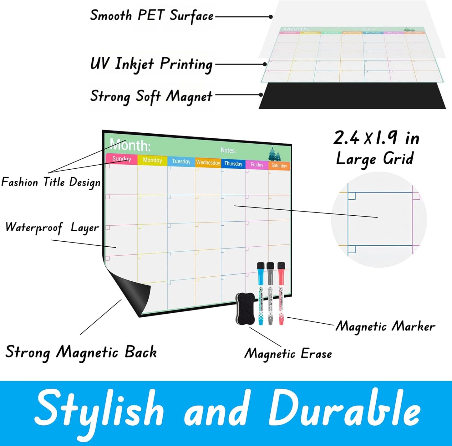 Magnetic Calendar Combo Set – 17x12” Magnetic Monthly & Weekly Dry Erase Calendar for Fridge, Family and Classroom Planning, Includes 3 Markers and Eraser