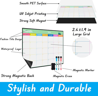 Magnetic Calendar Combo Set – 17x12” Magnetic Monthly & Weekly Dry Erase Calendar for Fridge, Family and Classroom Planning, Includes 3 Markers and Eraser