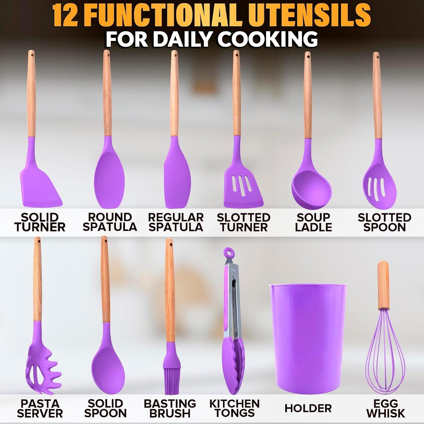 14 PCs Black Silicone Cooking Utensils Set with Holder - Versatile Kitchen Utensils with Sturdy Wooden Handles - Heat Resistance Silicone Kitchen Utensil Set with Holder for All Cooking & Baking Needs