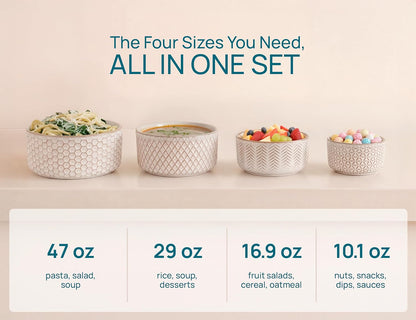 KooK Serving Bowls, with Lids, Ceramic Nesting Bowls, Set of 4, Embossed, Kitchen, Prep, Stackable, Gift, Microwave and Dishwasher Safe, 10/16/29/47 oz, Narbonne Collection (Ivory)