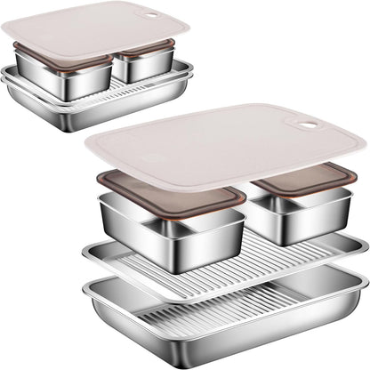 2-Set Drip EZ BBQ and Meal Prep Tub, Grill Carry System, Grill Prep Tray for Serving, Meat Platter with Cutting Board for Outdoor Grill, Marinating Container with Lid, Stainless Steel