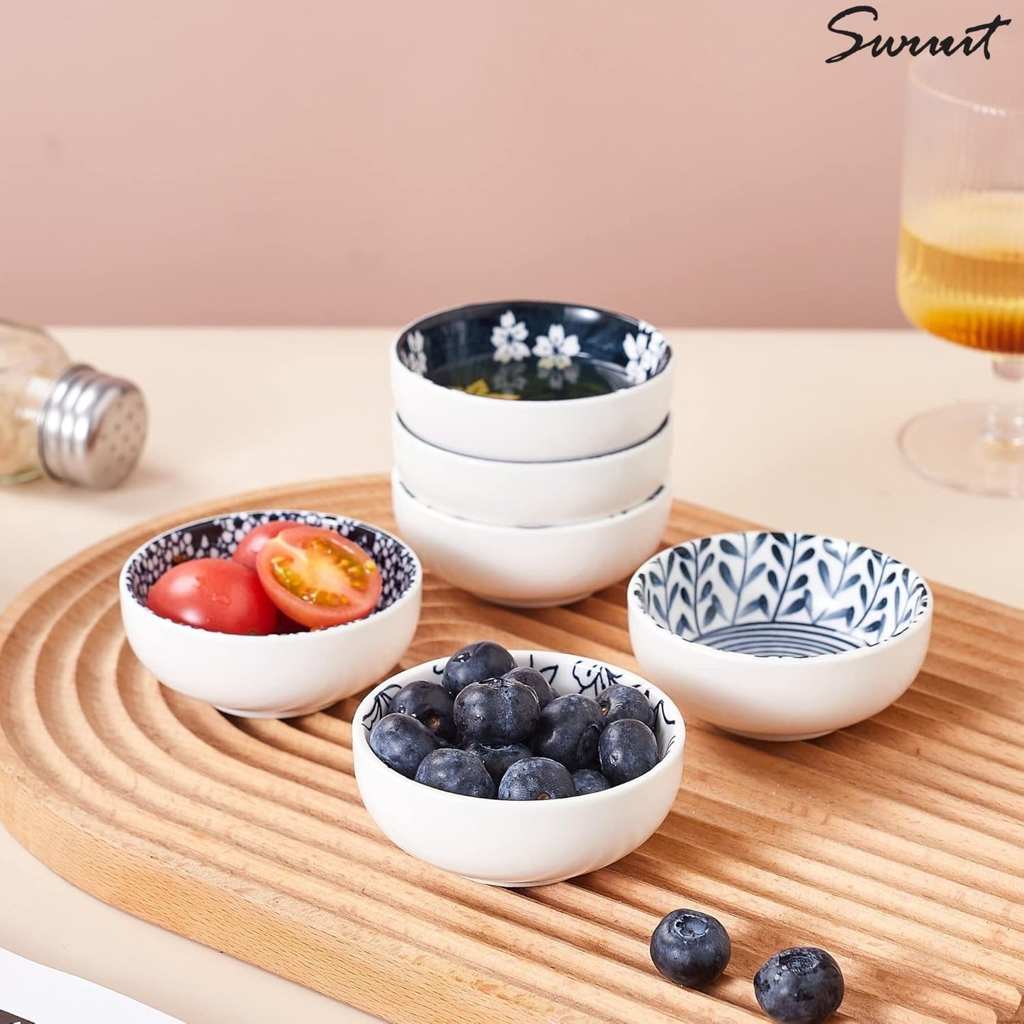 Japanese Style Ceramic Dipping Bowls,3'' Small Pinch Bowls Set Side Sauce Cups,Dishes for Sushi,Snack and Soy,BBQ,2.5 Oz Blue and White Mini Bowl for Kitchen Prep - Set of 6 (3 inch)