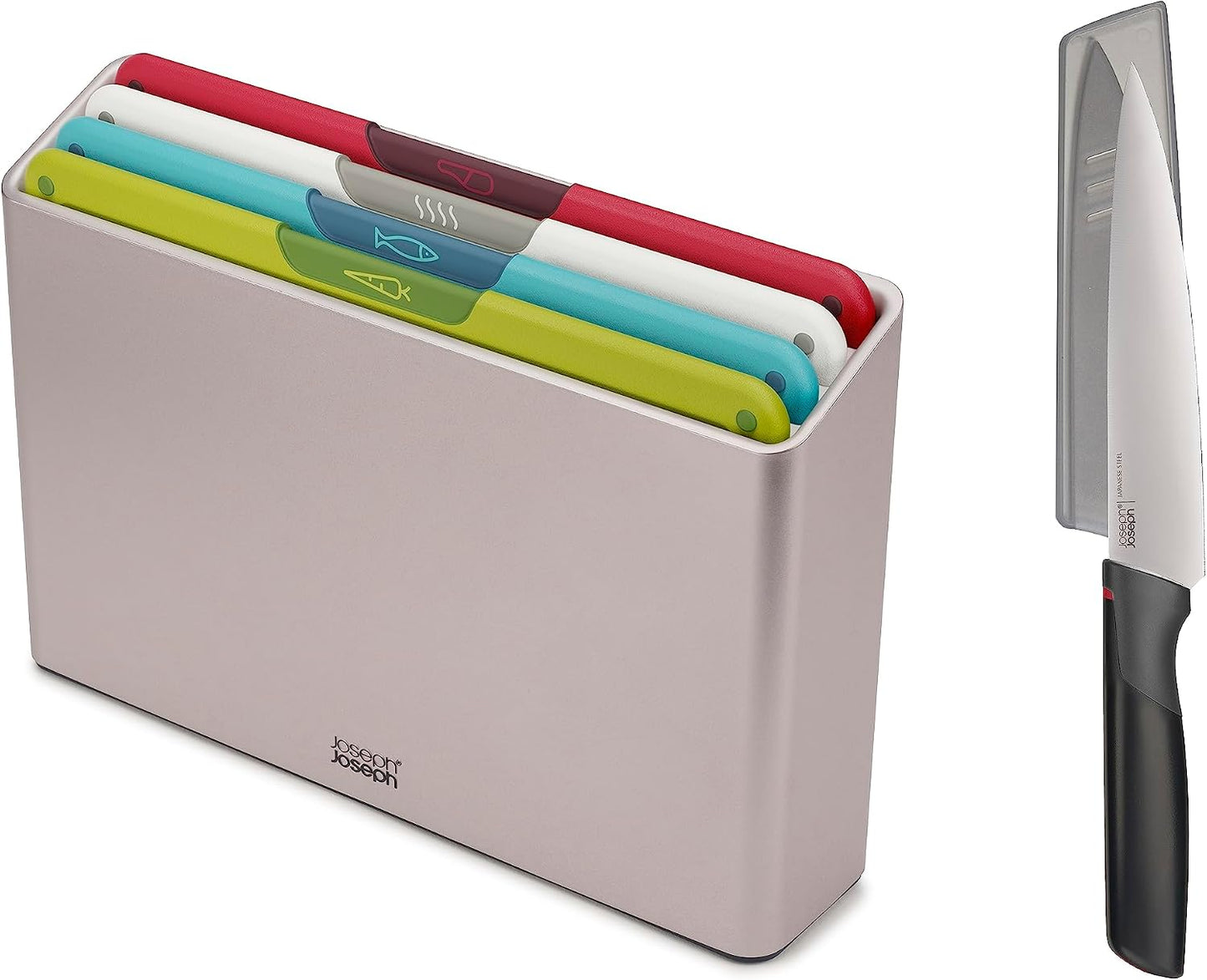 Joseph Joseph Folio Icon 8-Piece Multi Colour coded Cutting Board Set with Japanese Stainless Steel Knives, Slimline case for organized Kitchen storage, Silver