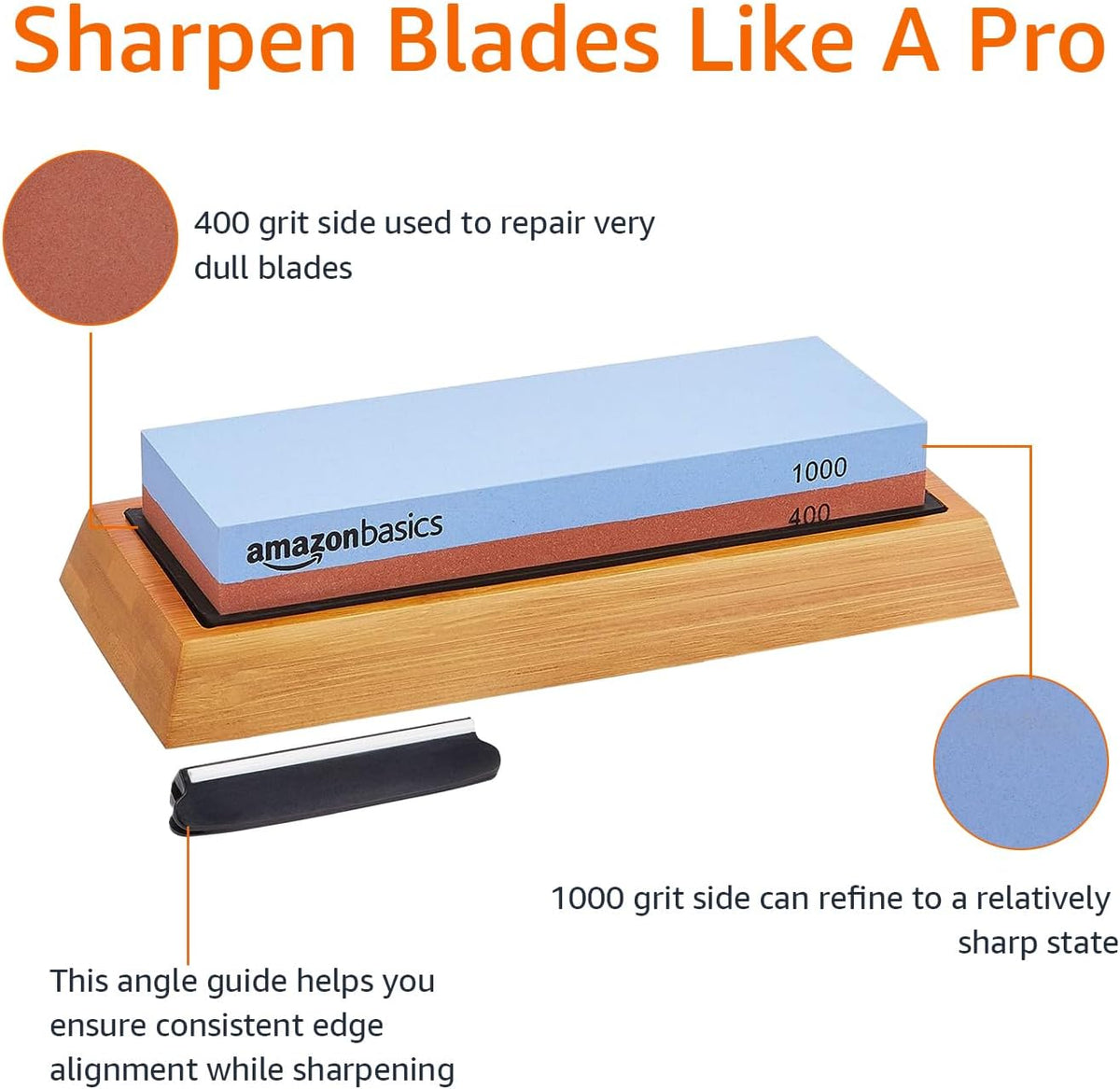 Amazon Basics Whetstone Knife Sharpening Stone, Double-Sided 1000/6000 Grit with Angle Guide, Non-Slip Bamboo Base, Black & Grey
