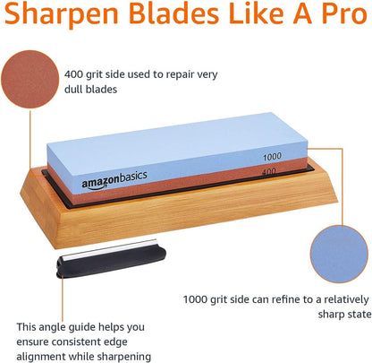 Amazon Basics Whetstone Knife Sharpening Stone, Double-Sided 1000/6000 Grit with Angle Guide, Non-Slip Bamboo Base, Black & Grey