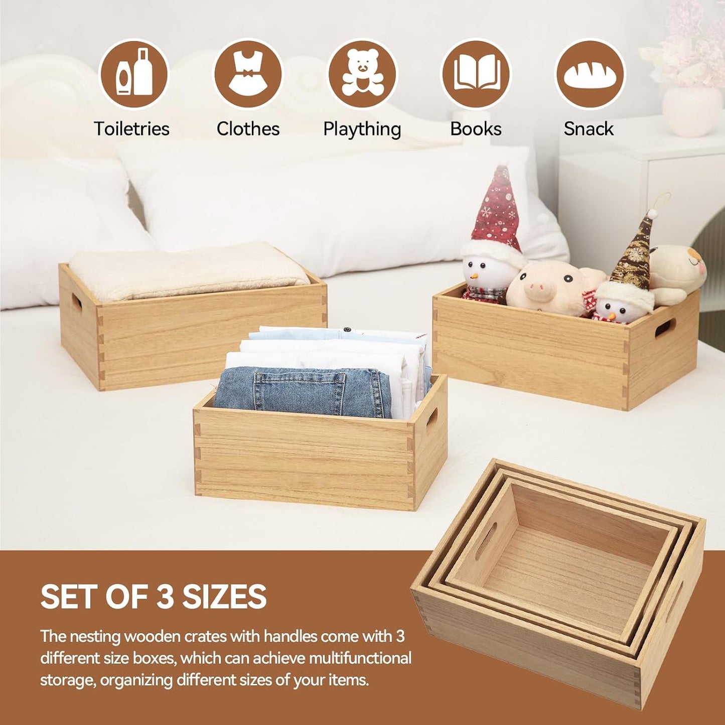 KIRIGEN Nesting Wood Crates with Handles, Set of 3 Decorative Storage Boxes, Farmhouse Shelf Bins for Pantry, Bathroom, Craft Room, Towels, Books, 15.75 x 11.8 x 5.9 in, Natural 3TH-NA