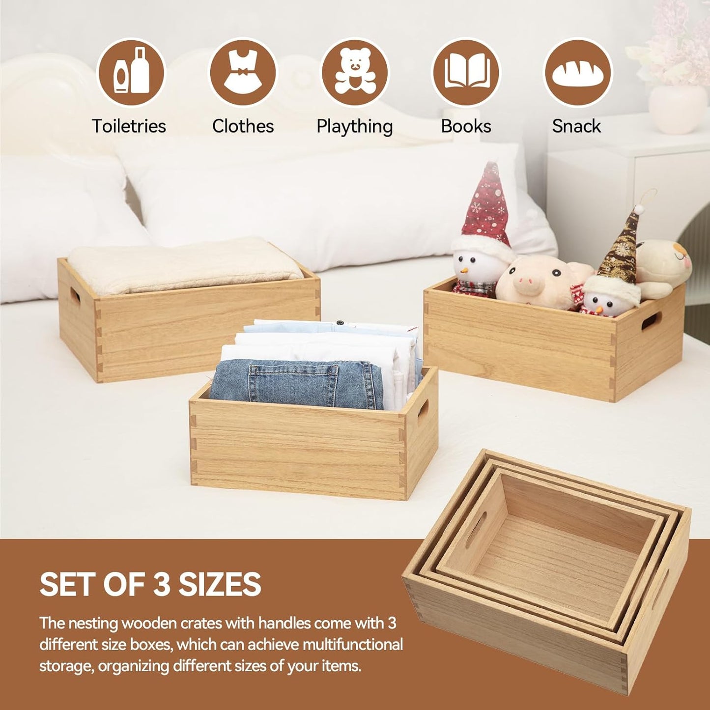 KIRIGEN Nesting Wood Crates with Handles, Set of 3 Storage Boxes Natural | 3 Different Size Decorative Box Organizer for Towels, Books, Crafts Fully Assembled