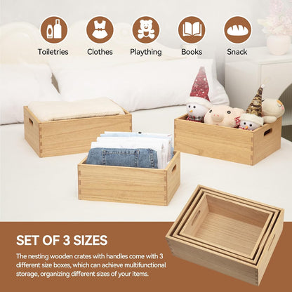 KIRIGEN Nesting Wood Crates with Handles, Set of 3 Storage Boxes Natural | 3 Different Size Decorative Box Organizer for Towels, Books, Crafts Fully Assembled