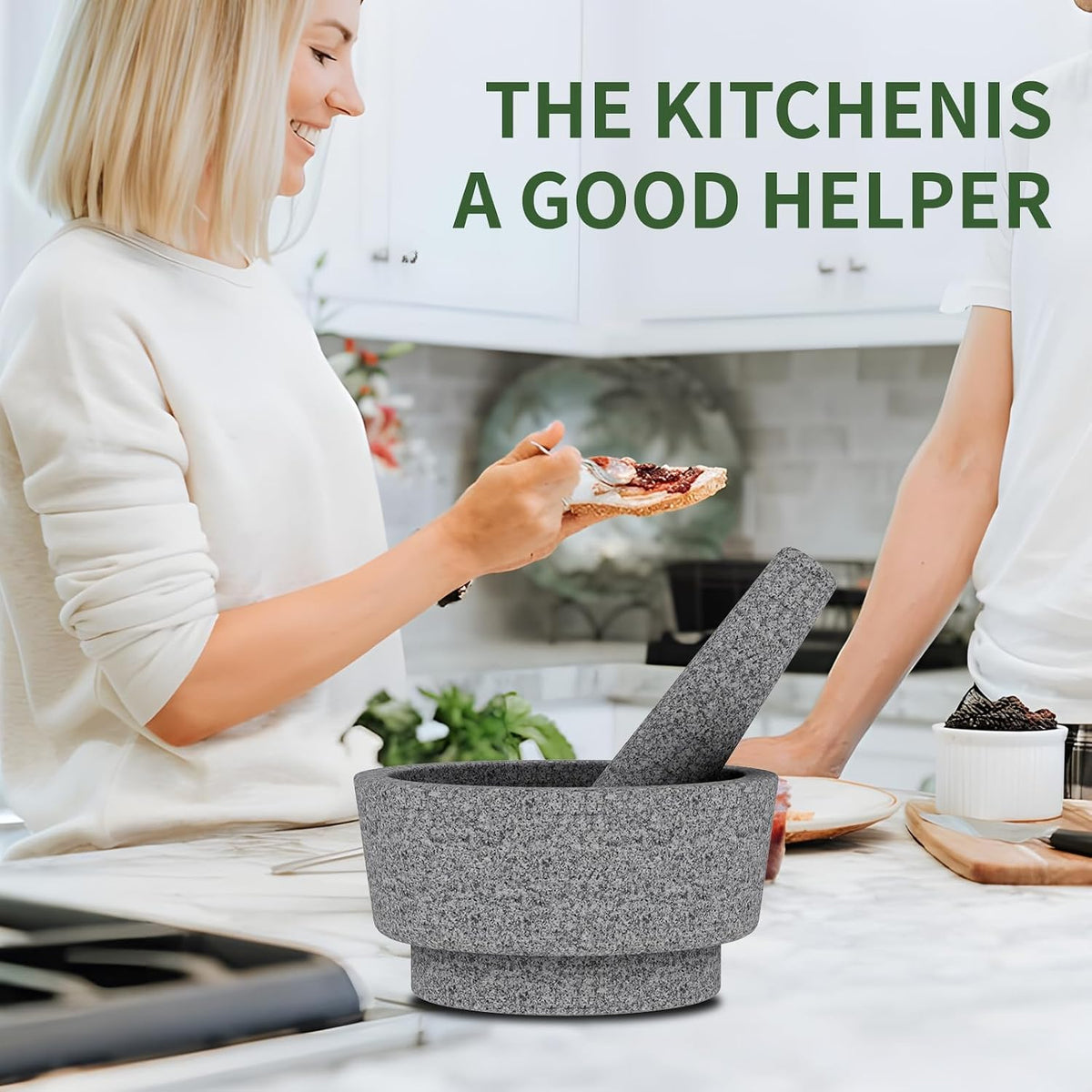 Large Mortar and Pestle Set- 4 Cup Unpolished Granite Bowl Heavy Duty Molcajete Mexicano Guacamole Pastes Pestos Salsa Bowl, Grind Seeds, Herbs, Pills, Kitchen Lab Muddler, Gray, 8 Inches