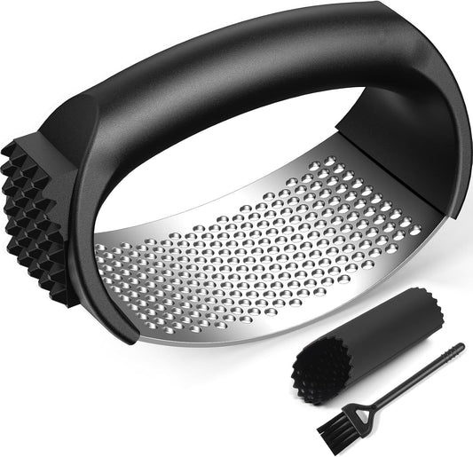 Garlic Press Rocker Set with Garlic Peeler & Cleaning Brush,Stainless Steel Garlic Mincer Crusher,Easy Kitchen Gadget for Effortless Smashing,Kitchen Essentials,Home and Kitchen Utensils Accessories