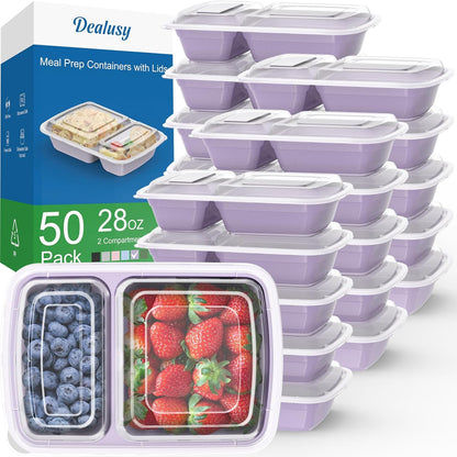 Dealusy 50 Pack (100-Piece) 28 oz Meal Prep Containers Reusable with Lids 2-Compartment, Sturdy Leakproof Food Safe, Microwave Freezer Dishwasher Safe, To Go Take Out Plastic Food Storage, Black