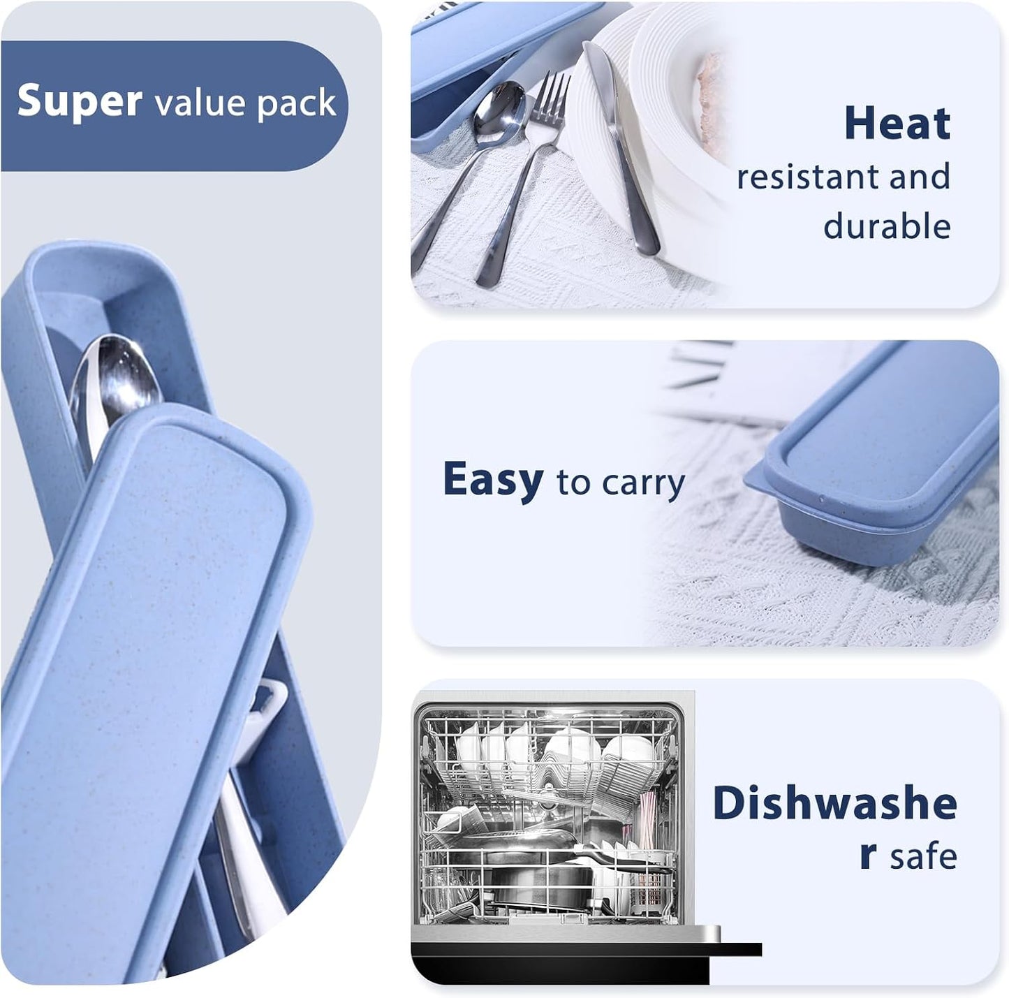 HANSGO Travel Utensils with Case, 4PCS Stainless Steel Portable Cutlery Set, Built-in Card Slot Design for Fixing Tableware, Easy-Open Lid, Lunch Box for Camping Work School, Dishwasher Safe, Beige