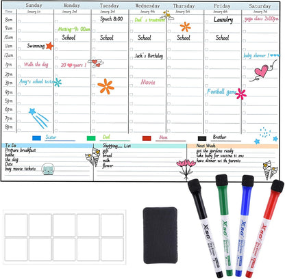 POPRUN Magnetic Weekly Dry Erase Fridge Calendar, 16.9"x11" Whiteboard Planner for Schedule, Shopping Lists, Household Chores, Ideal for Family, Office, Work and Study