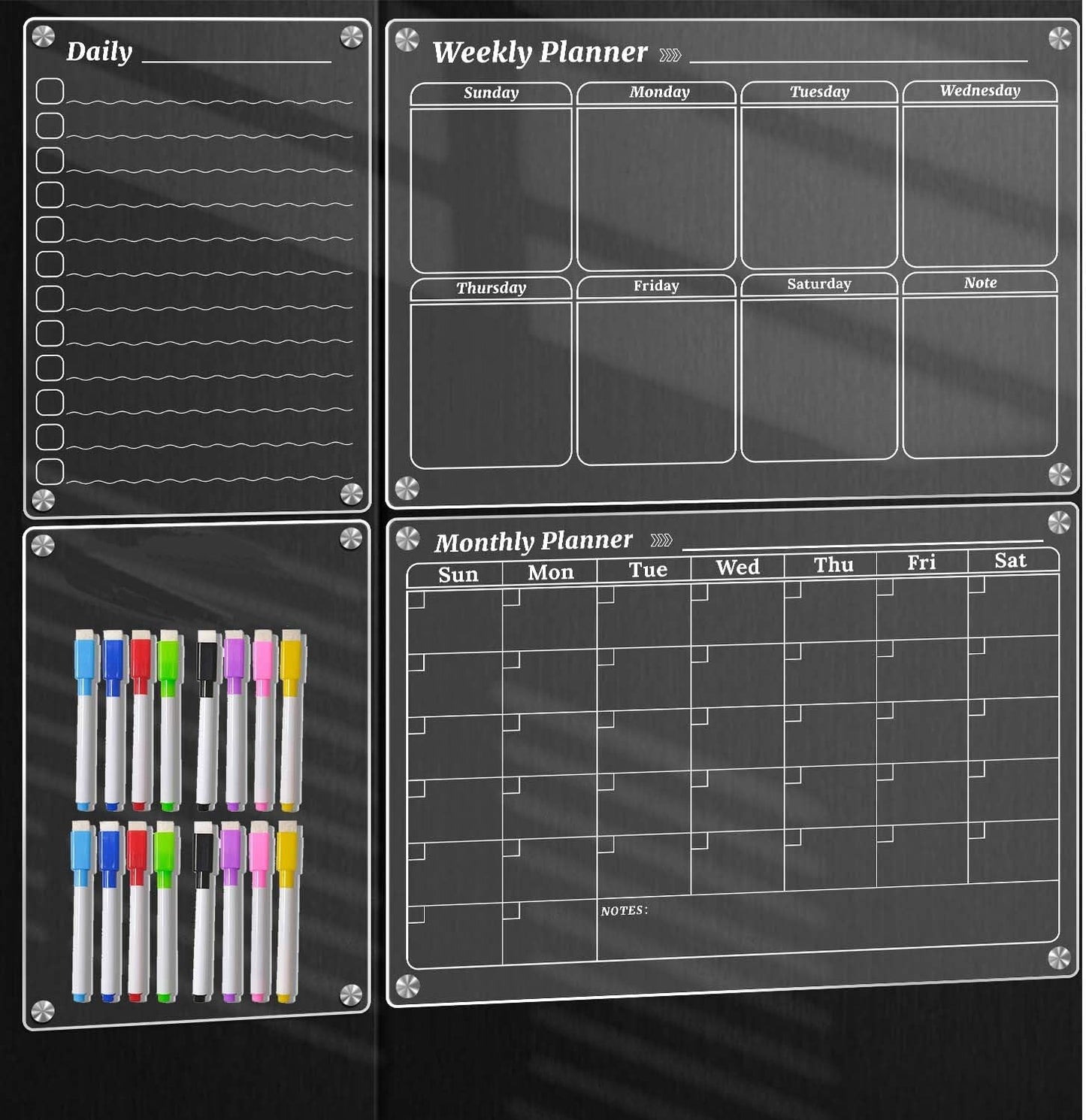 4Pcs Fridge Calendar Set, Clear Magnetic Dry Erase Daily, Weekly, Monthly Planners & Menu Board, w/ 2 Packs of 8 Markers