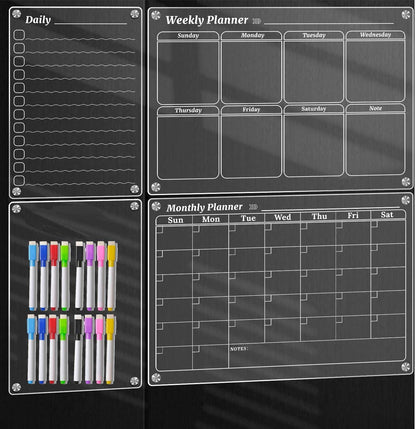 4Pcs Fridge Calendar Set, Clear Magnetic Dry Erase Daily, Weekly, Monthly Planners & Menu Board, w/ 2 Packs of 8 Markers