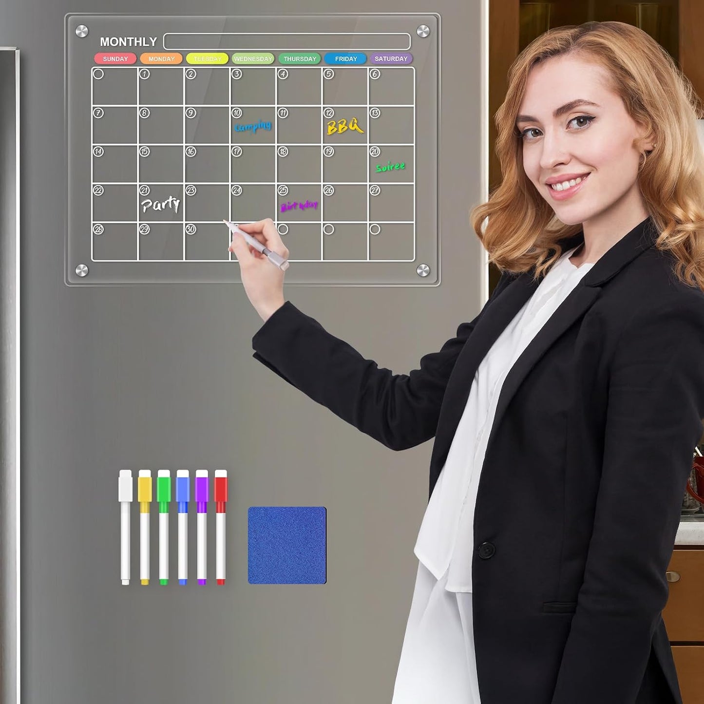 Acrylic Magnetic Calendar for Fridge, Monthly Planning Board, Fridge Skylight Calendar for Wall, Clear Dry Erase Planner Boards Set, 16"x12" Noteboard to Do/Anniversary/Shopping List