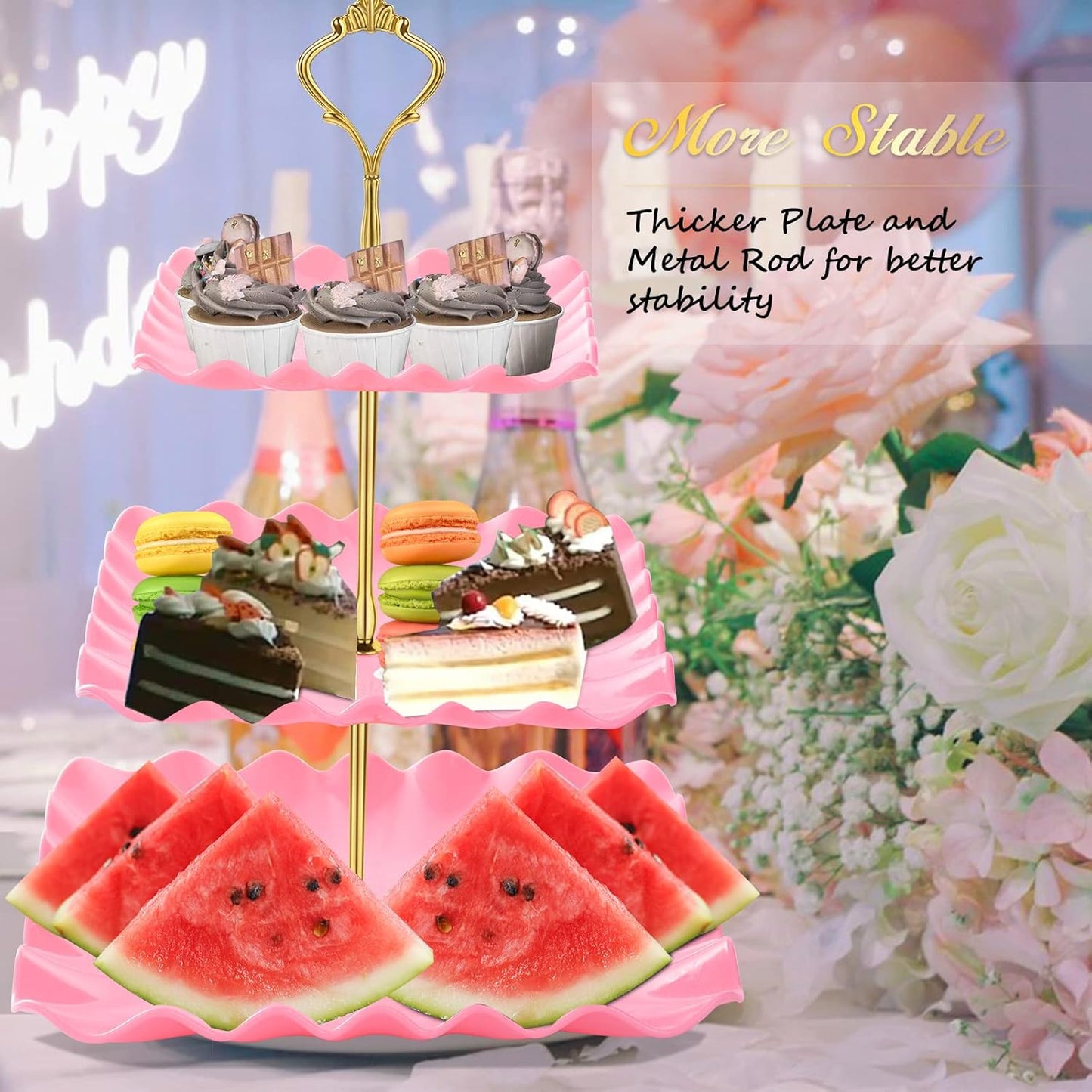 DAFURIET Dessert Cupcake Stand, 3 Tier Cup Cake Holder Tower for Tea Party/Birthday/Wedding, Plastic Tiered Serving Tray with Metal Rod, White
