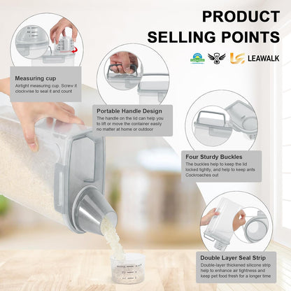 LEAWALK Airtight Rice Storage Container, 3-5Lbs Cereal Dry Food Flour Bin, Pet Dog Cat Food Dispenser with Measuring Cup, BPA Free Plastic Kitchen and Pantry Organization Bin for Sugar-Clear Grey