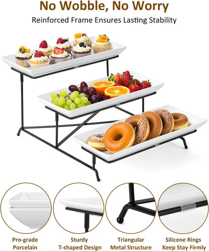 Yedio 3 Tier Serving Trays for Party, Porcelain Serving Platters and Trays, 12 Inch Tiered Tray Stand, Fruit Tray, Trays for Serving Food, White Dessert Stand with Collapsible Sturdier Metal Rack