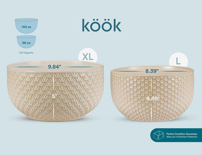 KooK Ceramic Nesting Bowls, Embossed, Oven Safe, Set of 4, Ivory
