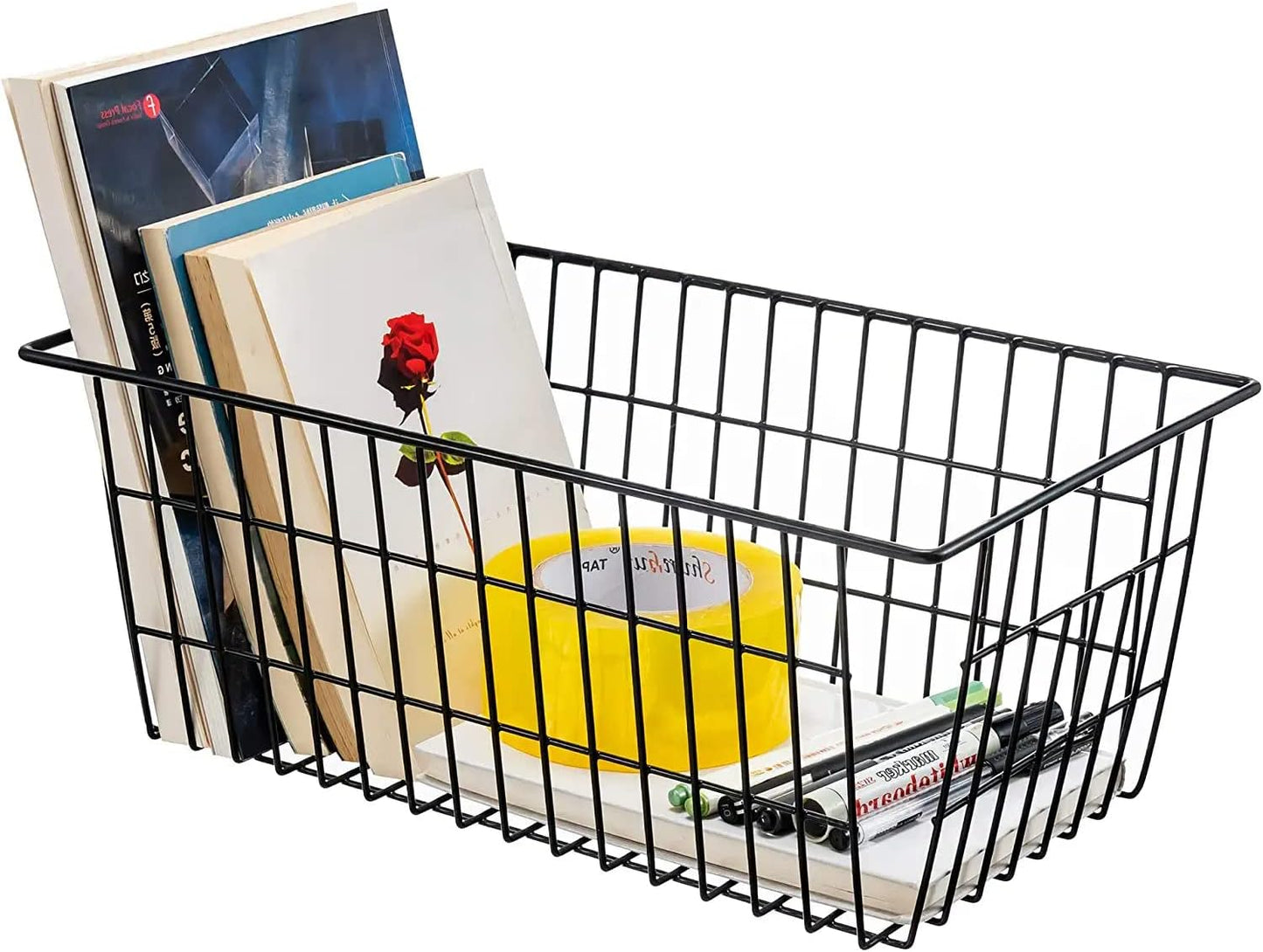 15.2" Metal Wire Baskets for Organizing 6 Pack, Household Pantry Storage Freezer Organizer Bins with Handles, Freezer Baskets for Upright Freezer, Refrigerators, Kitchen Cabinets, Black