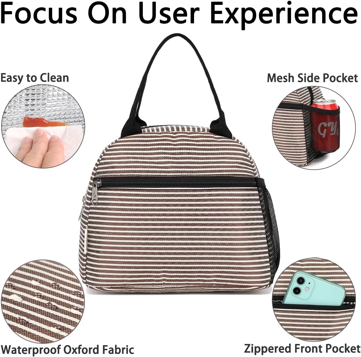 GYEUKHAM Lunch Bag Women, Lunch Box for Adult Men Kids Girls, Small Cute Lunchbox Tote Large Capacity Insulated Lunch Container Cooler for Work School Picnic Travel, Black White Stripes