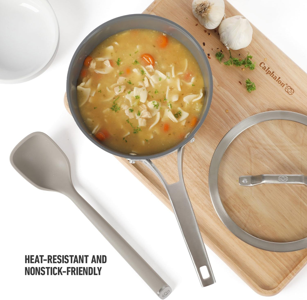 Calphalon Edge Silicone Spoon, Flexible Silicone Cooking Spoon with Reinforced Core, Heat-Resistant Nonstick-Safe Kitchen Spoon for Stirring, Mixing & Serving, Navy
