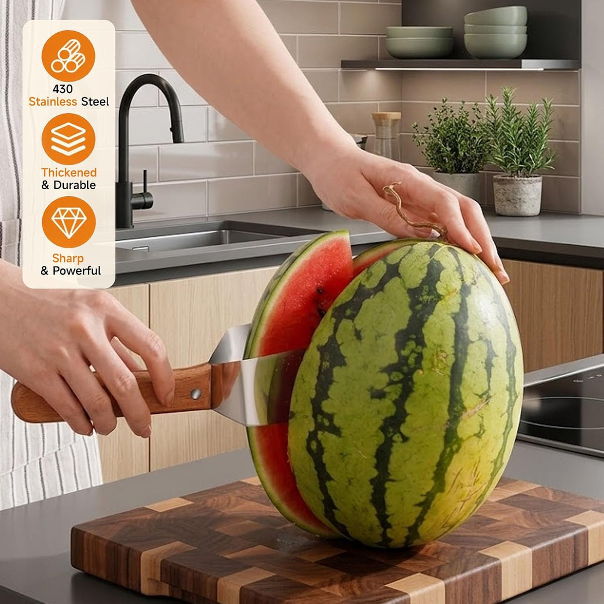 3 Pcs Watermelon Slicer Cutter Tool Set, 2 Dual Head Watermelon Fork Slicer & 1 Wooden Handle Triangle Watermelon Knife for Melon & Cantaloupe, Summer Fruit Cutting Kitchen Gadgets