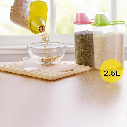 Basicwise 2.5 Liters Set of 3 Large Airtight Food Storage Containers with Pouring Spout and Measuring Cup Lid for Flour Sugar Cereal Rice Pantry Staples & Baking Ingredients in Green Pink and Yellow