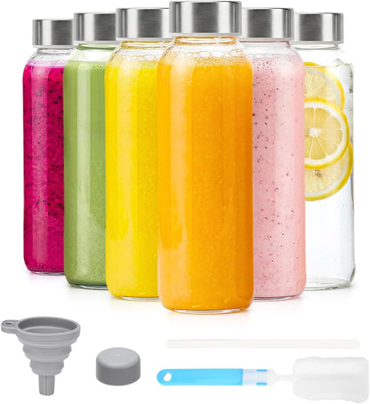 Glass Juice Bottles with Lids 10 oz, 6 Pack Reusable Small Glass Bottles with Stainless Steel Caps & Straws, BPA-Free Leak proof Juice Bottle Containers for Juicing, Milk, Smoothies & Fridge