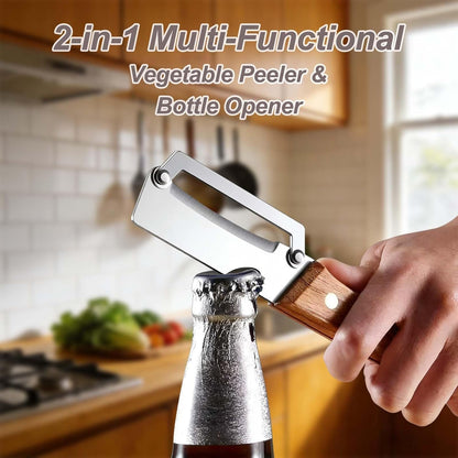 Vegetable Peeler with Wooden Handle and Bottle Opener, 2-in-1 Stainless Steel Kitchen Tool for Fruits, Potatoes, Pumpkins, 2 Pack