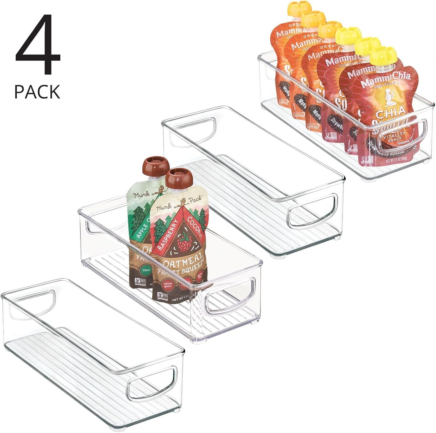 mDesign Deep Plastic Kitchen Storage Organizer Container Bin for Pantry, Cabinet, Cupboard, Shelves, Fridge, or Freezer - Holds Dry Goods, Sauces, Condiments, Drinks, Ligne Collection, 4 Pack, Clear