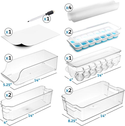 Hearth & Harbor 28 Piece Fridge Organizer Bins - Set of 16 Clear Bins with 8 Shelf Liners, 2 White Boards and 2 Markers - Stackable Containers With Handles