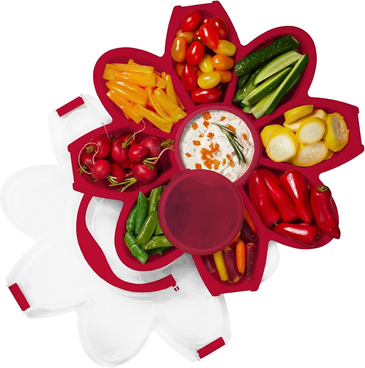 KOLORAE Flower Snack Serving Tray - 9 Compartment Party Platter with Dressing Cup for Chips and Dip, Fruits and Veggies - Game Day & Summer Entertaining Tray
