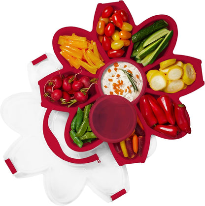 KOLORAE Flower Snack Serving Tray - 9 Compartment Party Platter with Dressing Cup for Chips and Dip, Fruits and Veggies - Game Day & Summer Entertaining Tray