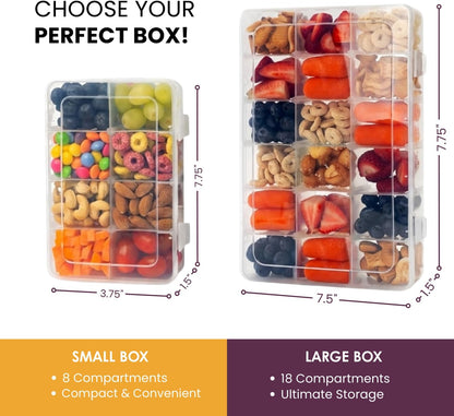 Large Kids Snack Box Containers Set of 2 -100 Labels, BPA-Free, Adjustable Compartments, Dishwasher Safe, Reusable Tray, Food Grade, Meal Prep Container, PARENT TESTED PARENT APPROVED AWARD (Clear)