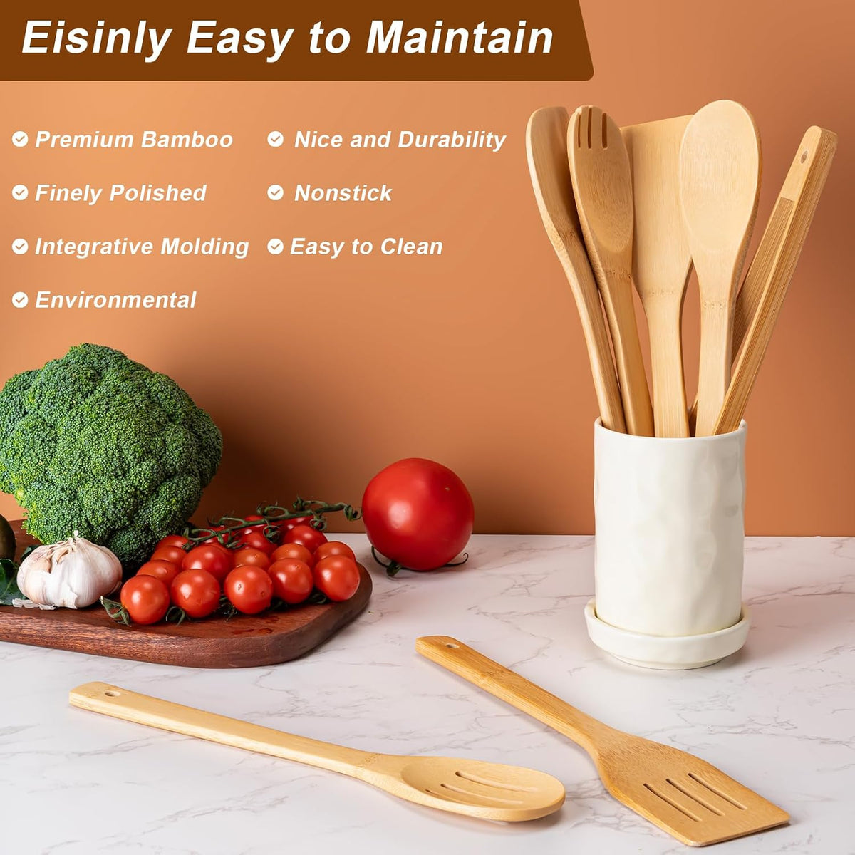Eisinly 7-Piece Wooden Cooking Spoons, Natural Bamboo Utensil Set