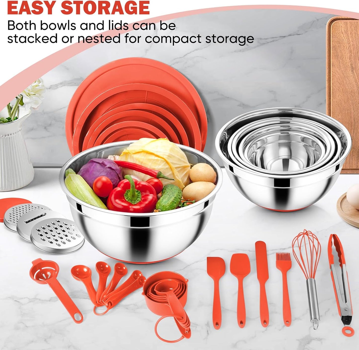 E-far 25PCS Mixing Bowls with Lid Set, Stainless Steel Nesting Prep Bowls with Grater Attachments Non-Slip Bottoms for Cooking, Serving, Food Storage, 4.6/2.6/2/1.5/1/0.7QT - Khaki