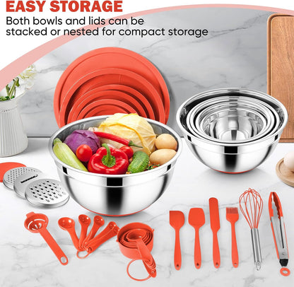 E-far 25PCS Mixing Bowls with Lid Set, Stainless Steel Nesting Prep Bowls with Grater Attachments Non-Slip Bottoms for Cooking, Serving, Food Storage, 4.6/2.6/2/1.5/1/0.7QT - Khaki
