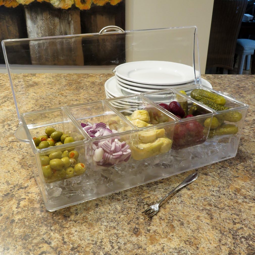 Evelots Ice Chilled 5 Compartment Condiment Server Caddy with Hinged Lid | Plastic Garnish Serving Tray Container | Perfect for BBQs & Parties