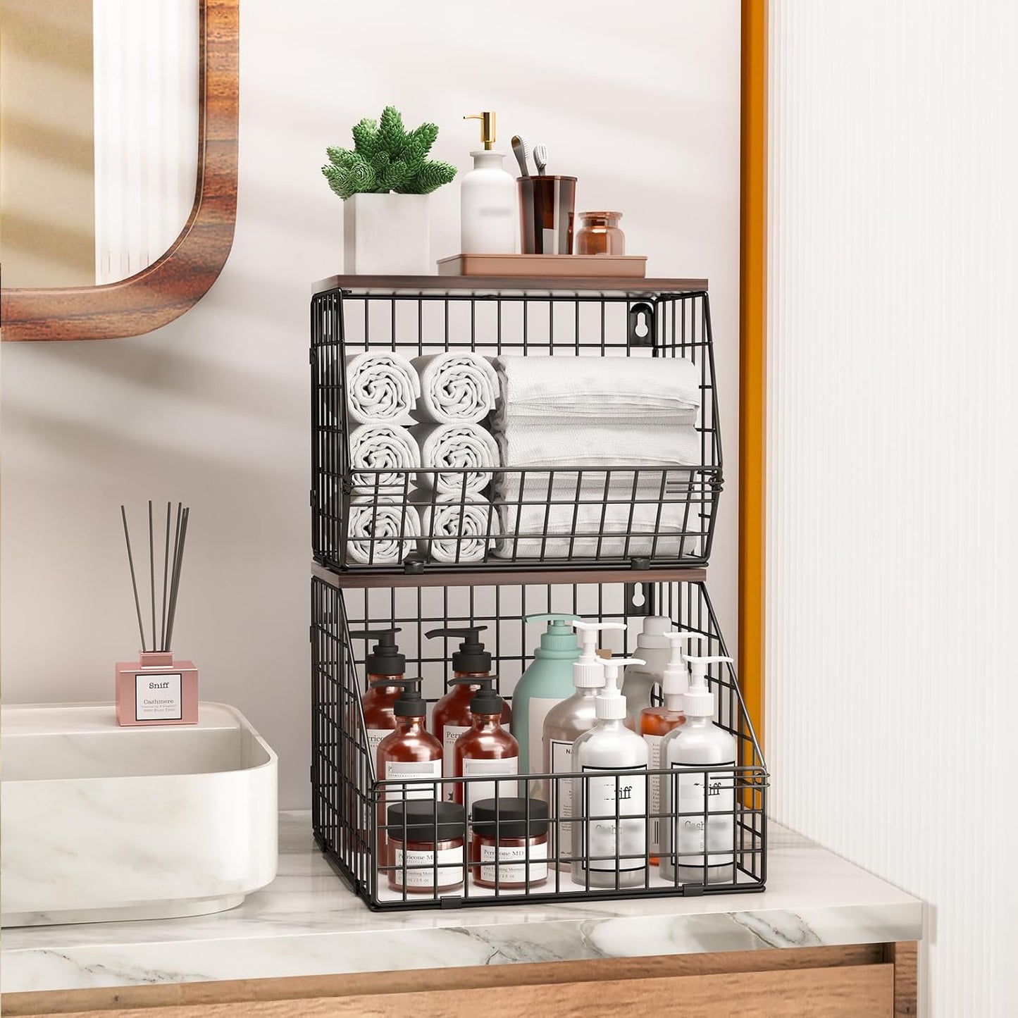 White Fruit Bowl Wire Basket Storage Pantry Fruit and Vegetable Storage Fruit Basket for Kitchen Counter Stackable Wall Mounted Hanging Basket Wire Basket with Wood Lid with Hanger Hooks