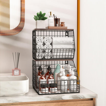White Fruit Bowl Wire Basket Storage Pantry Fruit and Vegetable Storage Fruit Basket for Kitchen Counter Stackable Wall Mounted Hanging Basket Wire Basket with Wood Lid with Hanger Hooks
