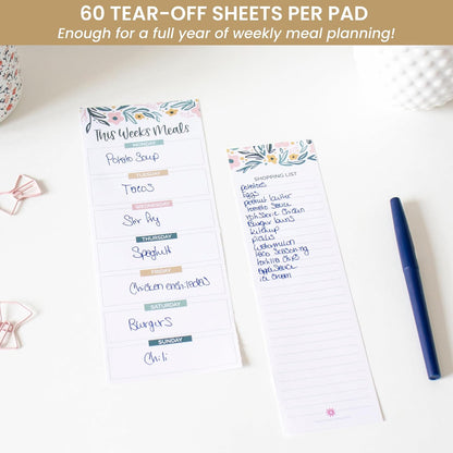 bloom daily planners Weekly Meal Planning Pad - Magnetic Hanging Refrigerator Menu Planner with Tear-Off Sheets & Perforated Grocery Shopping Lists - 6” x 9” (Grey & Pink)